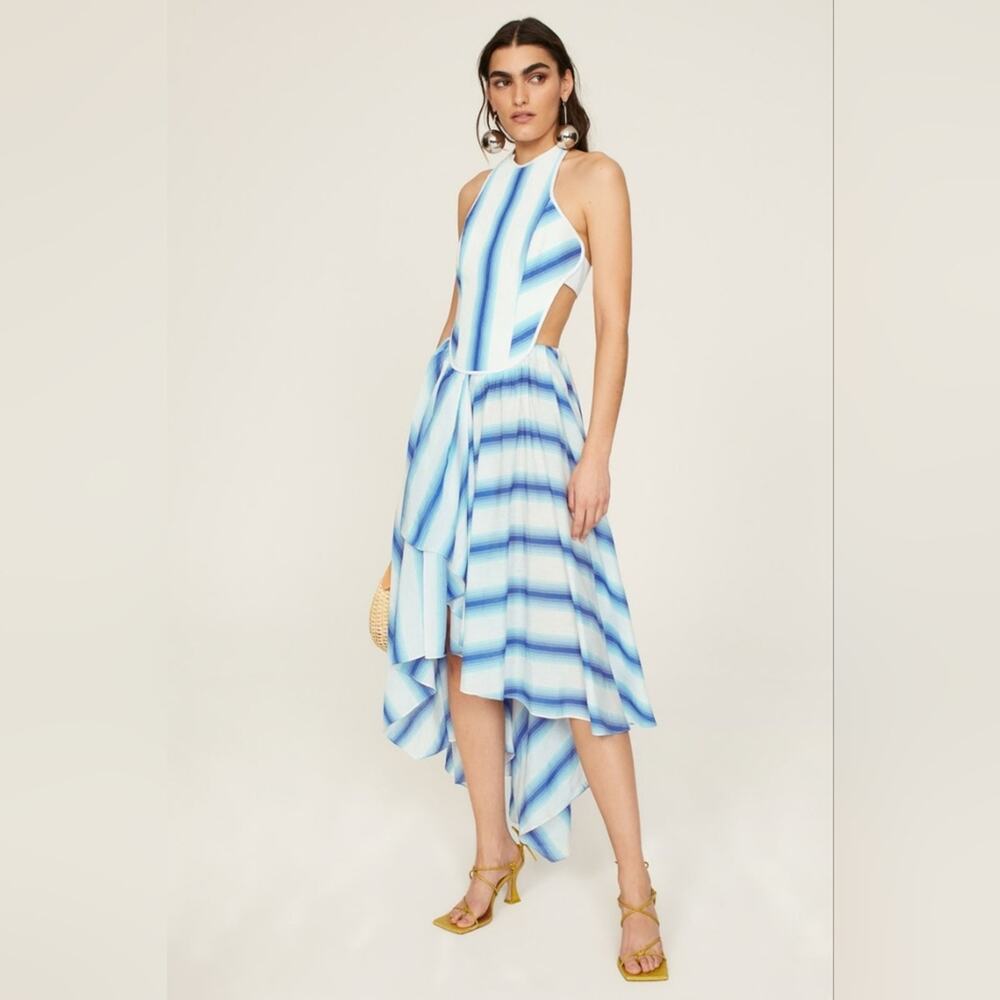 rtr Rosie Assoulin Halter Striped Dress sz6 DESIGNER Blue white hi low open back